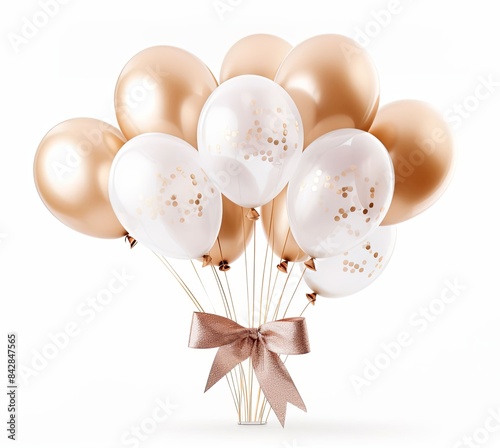 Festive background in pastel colors. beige balloons in a bunch on a bow. Balls at the gender party or baby shower