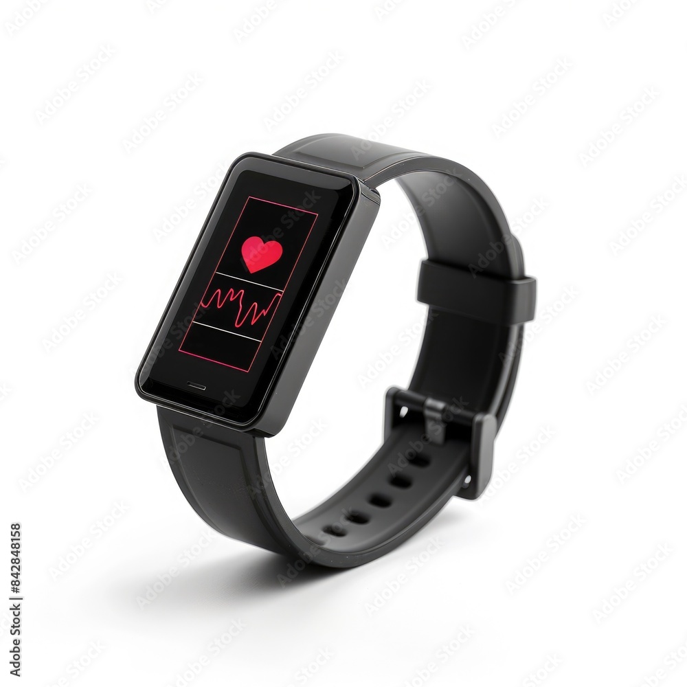 Modern Fitness Tracker with Heart Rate Monitor Displaying Data on White Background Modern Fitness Tracker with Heart Rate Monitor Displaying Data on White Background