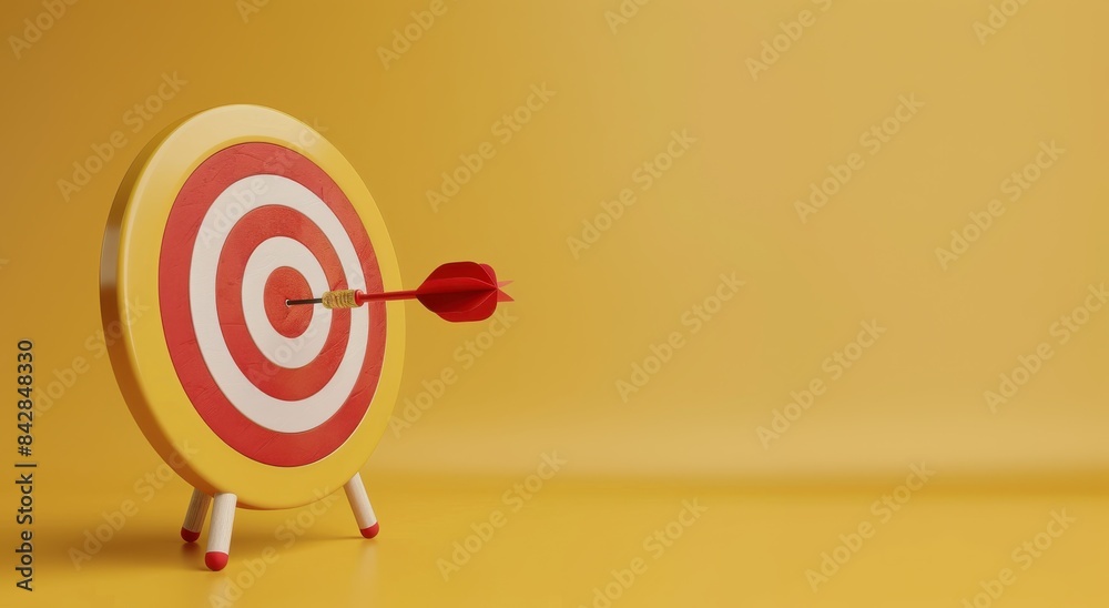A vibrant red and white target with an arrow hitting the bullseye on a bright yellow background, symbolizing precision and success. A vibrant red and white target with an arrow hitting the bullseye on a bright yellow background, symbolizing precision and success.