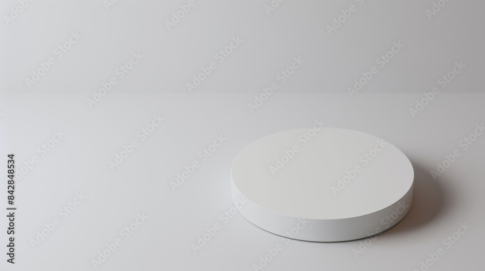 A simple and clean presentation of a white circular platform on a seamless grey background. A simple and clean presentation of a white circular platform on a seamless grey background.