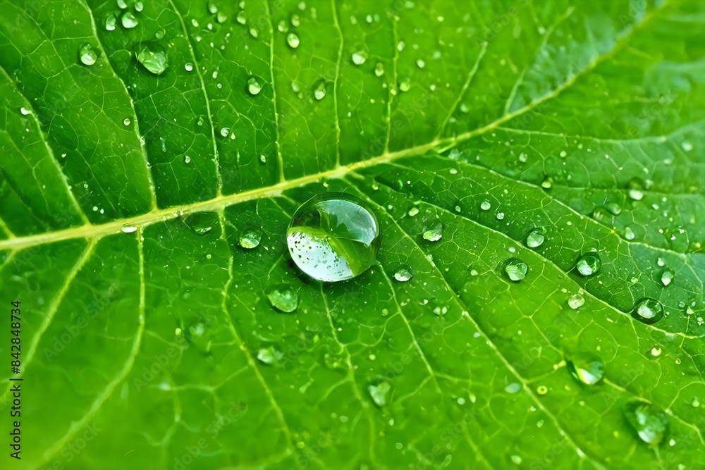 Close up of water drops on leaf. Fresh morning dew on green foliage. Close up of water drops on leaf. Fresh morning dew on green foliage.