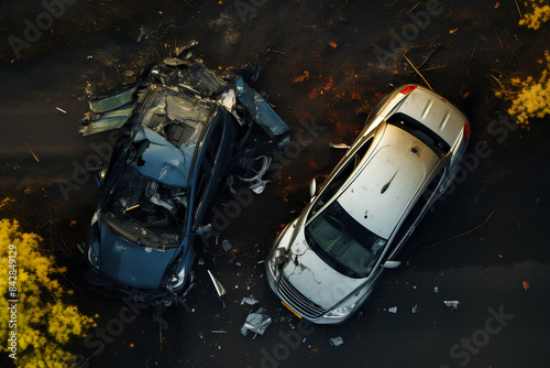 a car accident, two cars lying on the road after an accident, an aerial view of a damaged car after an accident.