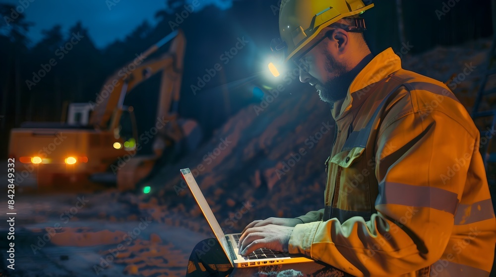 Construction Site Worker Using Laptop Under Portable Lighting for 24/7 Project Progress Construction Site Worker Using Laptop Under Portable Lighting for 24/7 Project Progress