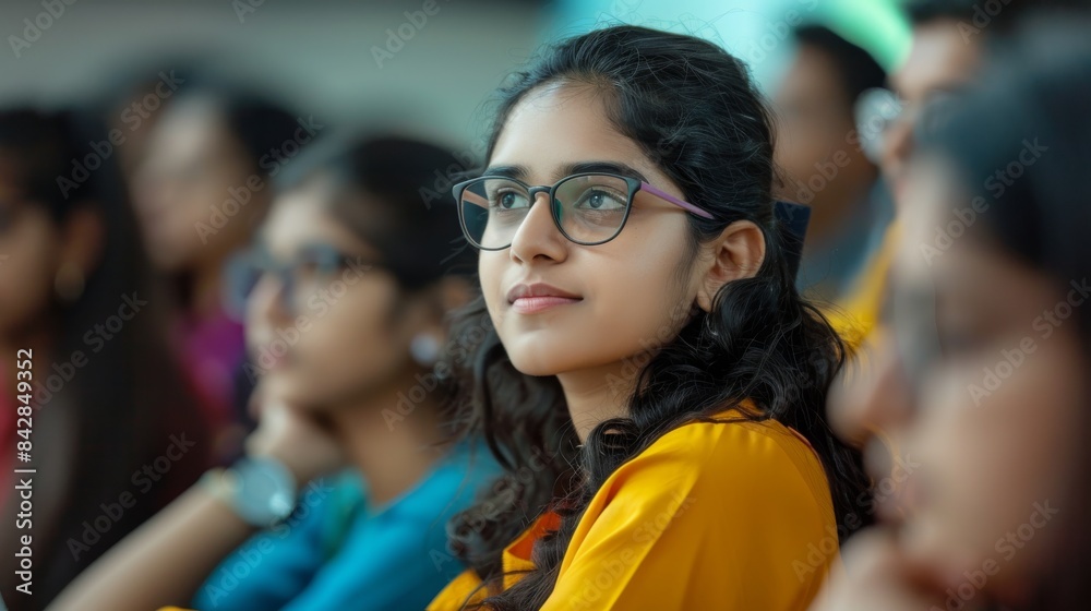 This is a portrait of a young beautiful Indian female student studying ...