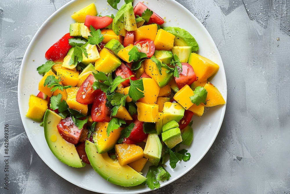 A Vibrant Mango, Avocado, and Tomato Salad on a White Plate A Vibrant Mango, Avocado, and Tomato Salad on a White Plate