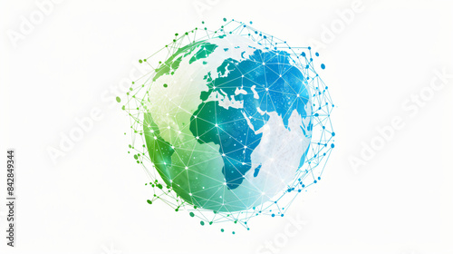 Stylized digital globe logo, featuring interconnected lines and dots to symbolize global connectivity and advanced technology, in cybernetic blue and digital green colors, white background