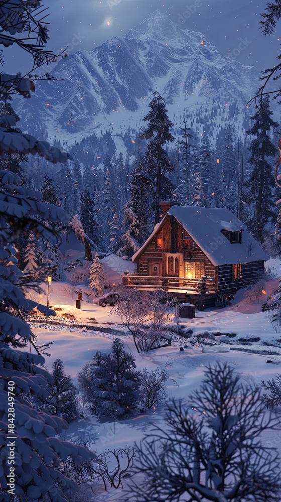 Naklejka premium A cozy winter cabin, realistic.