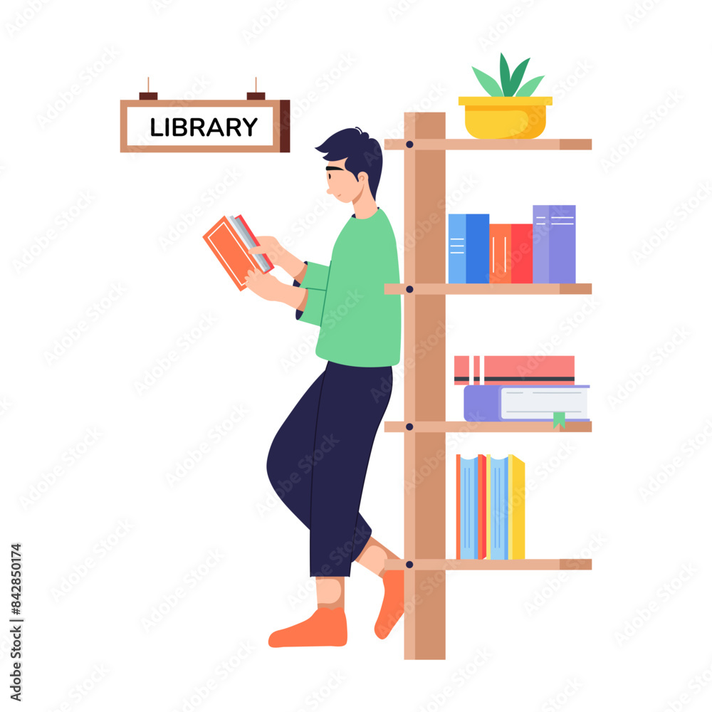 Boy reading book in library, flat illustration Boy reading book in library, flat illustration