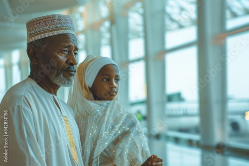 An African family warmly welcomes a pilgrim who has completed the Hajj. The joy of waiting for a long-awaited meeting is emphasized by the soft natural light.