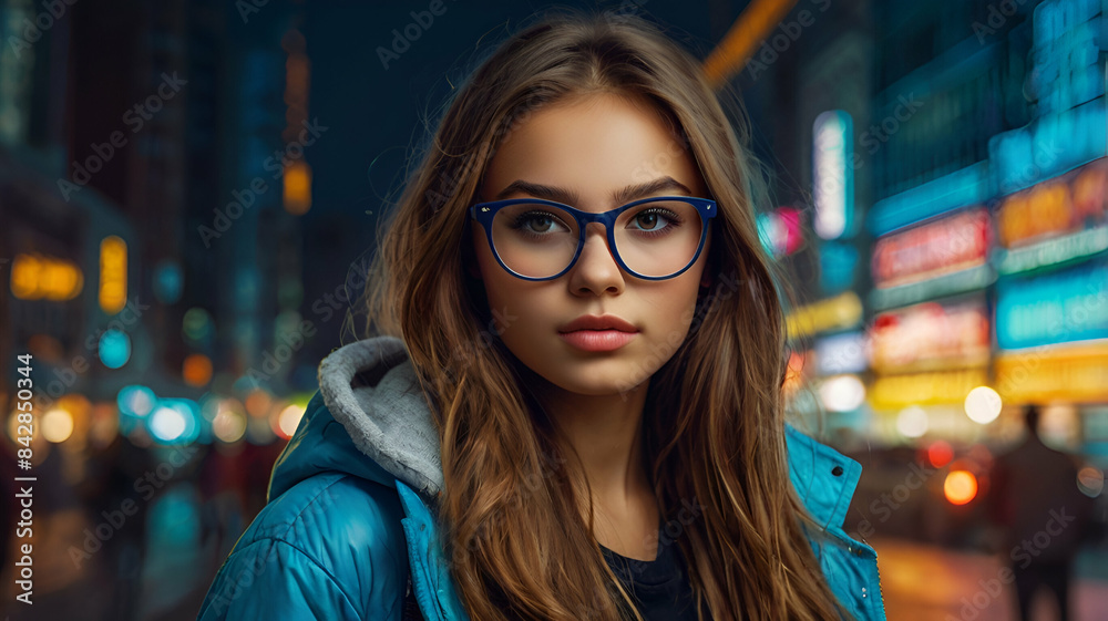 Dynamic Photo of a Slim-Faced Girl with Bold Colors and Glasses Dynamic Photo of a Slim-Faced Girl with Bold Colors and Glasses