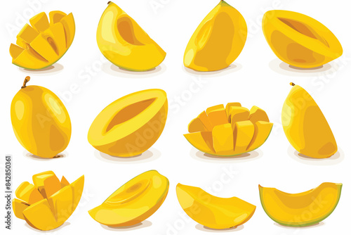 A set with Fresh ripe mango with leaves falling in the air isolated on white background.
