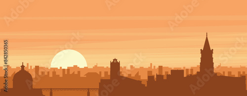 Brown panoramic poster of the city skyline with misty background buildings, sunrise, clouds and mountains of TOULOUSE, FRANCE