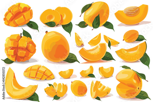 A set with Fresh ripe mango with leaves falling in the air isolated on white background.