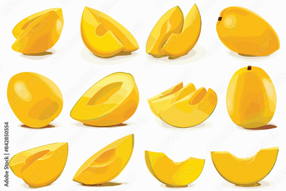 A set with Fresh ripe mango with leaves falling in the air isolated on white background.