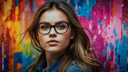 Dynamic Photo of a Slim-Faced Girl with Bold Colors and Glasses