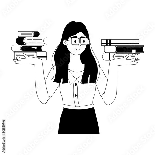 Girl balancing books on both hands, glyph illustration