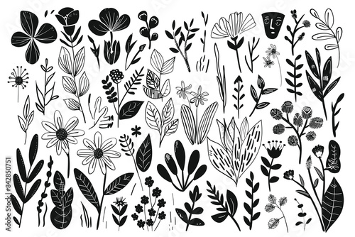 Floral abstract shapes and leaves for natural modern botany design. Minimalist nature elements collection. Vector set