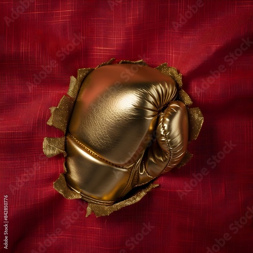 Surreal Boxing Glove Fist Punching Through Red Canvas An Abstract Expression of Power Generative ai photo