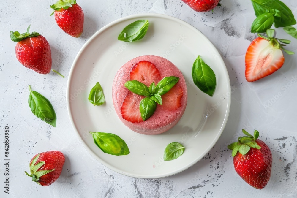 A Delicate Strawberry Basil Mousse Dessert on a White Plate