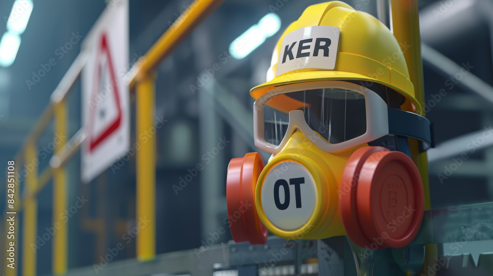 Fototapeta premium Yellow industrial safety helmet equipped with a respirator mask, hanging in a factory setting, symbolizing workplace safety.