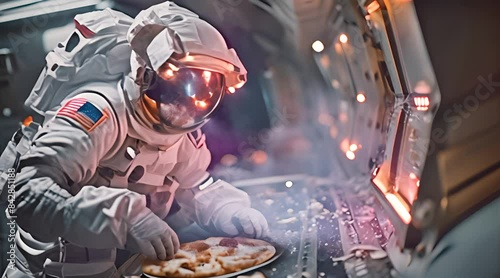 an astronaut is attempting to eat pizza inside a spaceship.The astronaut's expression reflects the challenge and amusement of eating in space. photo