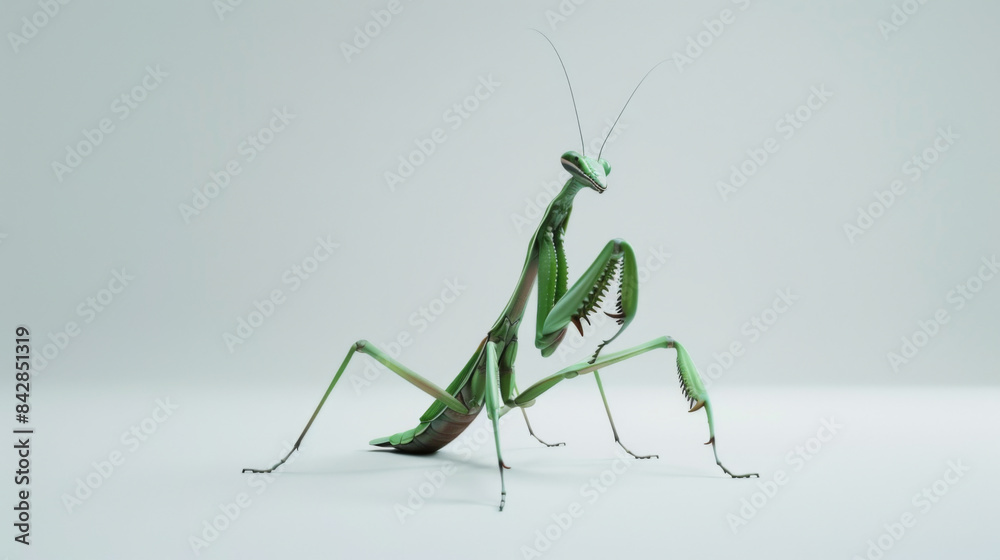 Close-up of a green praying mantis poised elegantly on a stark white background. Close-up of a green praying mantis poised elegantly on a stark white background.