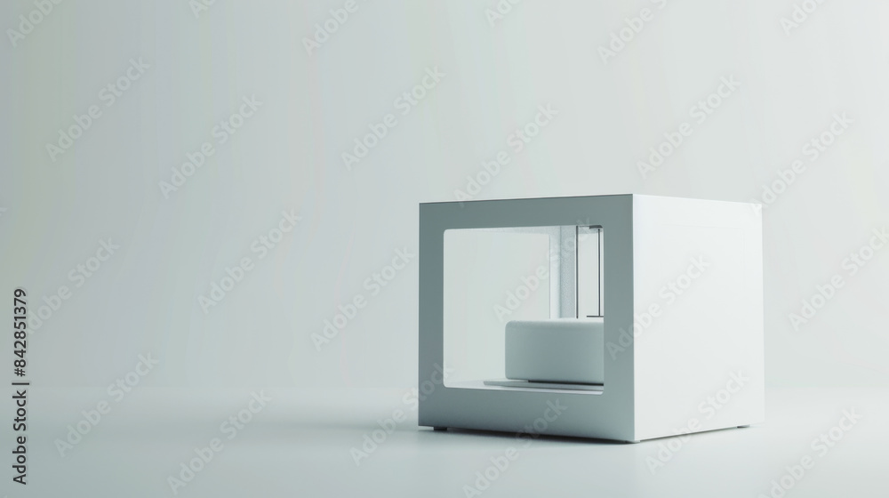 Minimalist white cube in an empty space, emphasizing clean lines, simplicity, and modern design in a neutral setting.