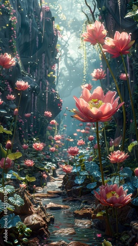 A fantasy landscape with oversized flowers and plants creating a magical atmosphere. 