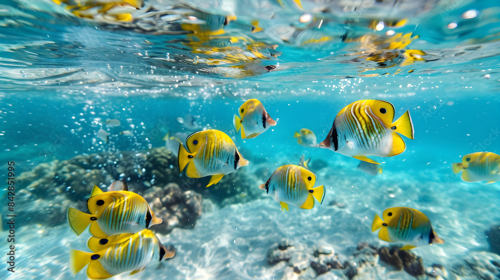 Sous les Vagues: Banc de Poissons dans les Eaux Claires Sous les Vagues: Banc de Poissons dans les Eaux Claires