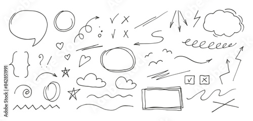 Hand drawn design elements. Line, arrows, stars, hearts, circle, marker stroke emphases, cloud speech bubble, highlight, check marks. important underline, sketch. Doodle sketch vector illustration