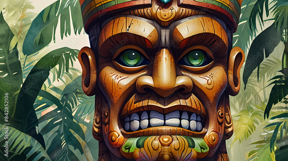 Watercolor painting of Hawaiian tiki statue
