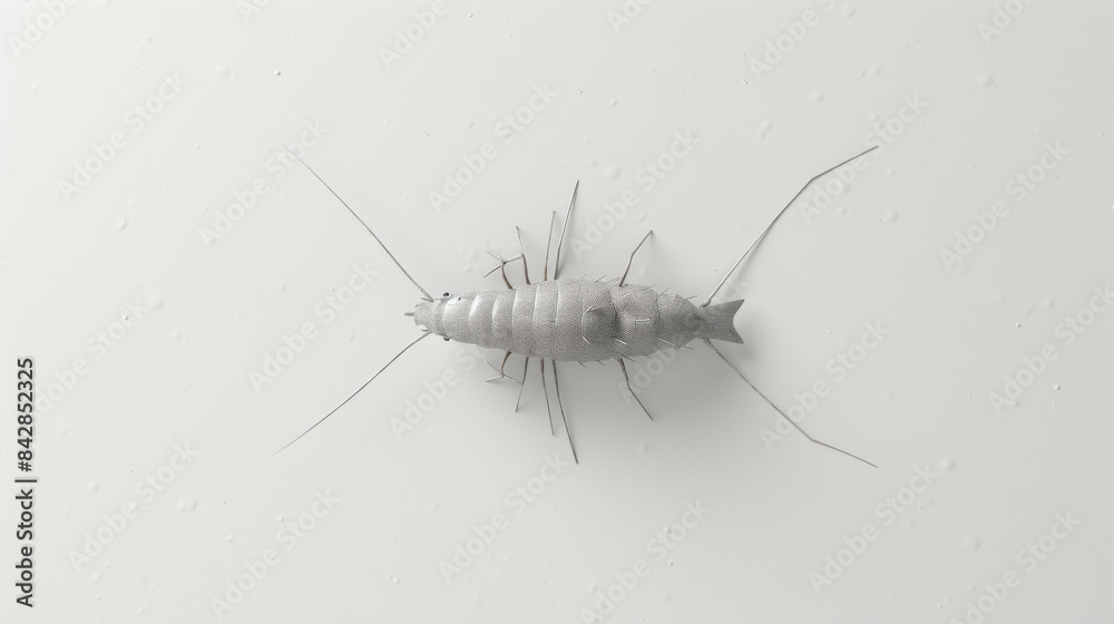 A silverfish insect captured in great detail on a stark white background, highlighting its unique features. A silverfish insect captured in great detail on a stark white background, highlighting its unique features.