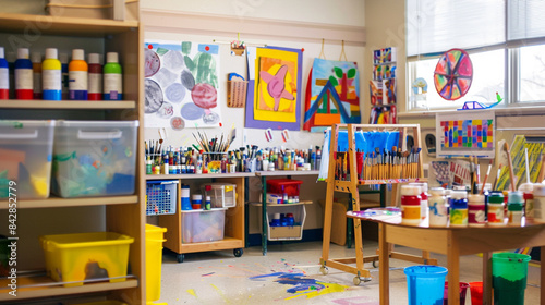 An art corner in a classroom with paints, brushes, and a drying rack.