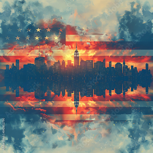 Una bandera estadounidense con doble exposición del horizonte de Nueva York photo
