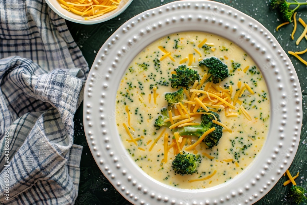 Creamy Broccoli Cheddar Soup in a White Bowl With a Checkered Napkin Creamy Broccoli Cheddar Soup in a White Bowl With a Checkered Napkin