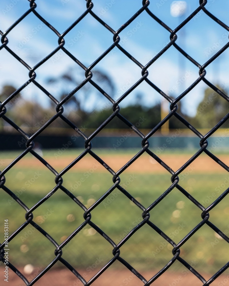 A view of a baseball diamond behind the fench with the chains links in focus. A view of a baseball diamond behind the fench with the chains links in focus.