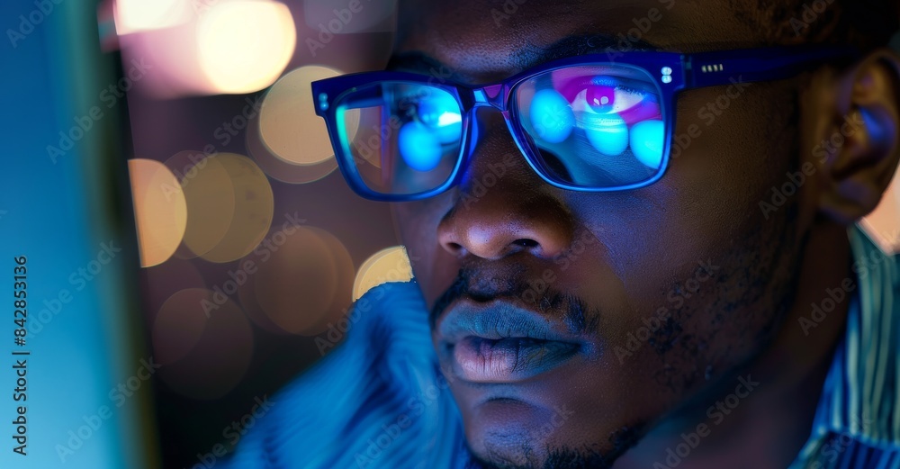 A close-up portrait of a black man working on a computer, lines of code reflected on his glasses. A male programmer developing new software, managing security projects. A close-up portrait of a black man working on a computer, lines of code reflected on his glasses. A male programmer developing new software, managing security projects.