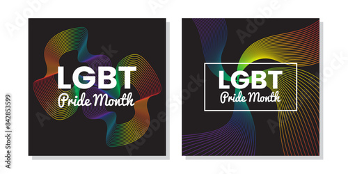 Dynamic and colorful LGBT Pride posters showcasing flowing rainbow lines on a dark backdrop. Ideal for promoting Pride events, this design conveys a powerful message of inclusivity and celebration