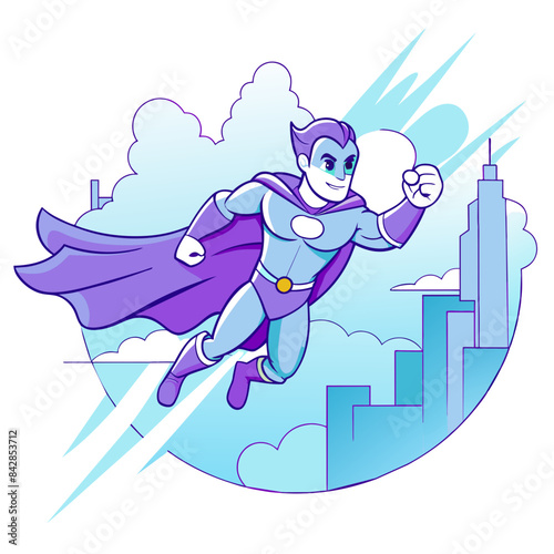 comic book-style superhero flying through the sky, with a cityscape background and action lines emphasizing speed and power