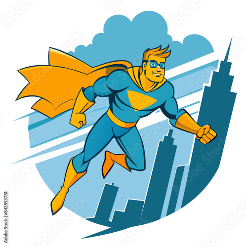 comic book-style superhero flying through the sky, with a cityscape background and action lines emphasizing speed and power