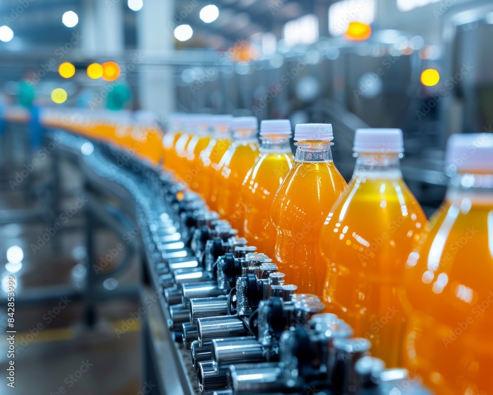 Beverage bottling plant with conveyor belt Exhibiting an automated production process Beverage bottling plant with conveyor belt Exhibiting an automated production process