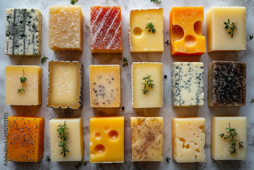 Top view of assortment of different types of cheeses with spices and rosemary on marble backdrop