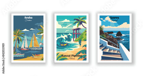 Aruba, Caribbean, Azores, Portugal, Banzai Pipeline, Hawaii - Vintage travel poster. Vector illustration. Poster Travel for Hikers Campers Living Room Decor