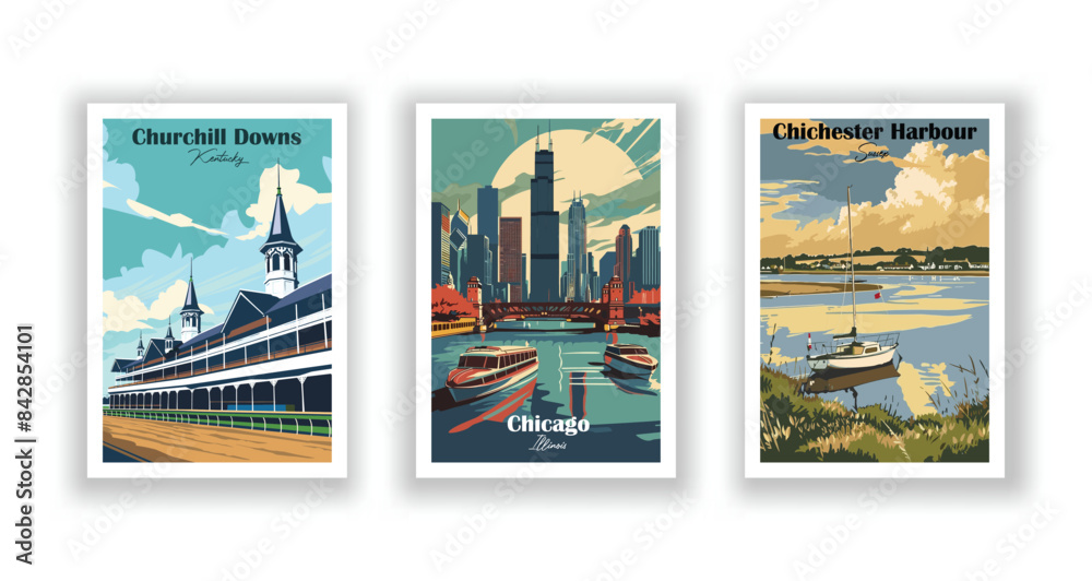 Fototapeta premium Chicago, Illinois, Chichester Harbour, Sussex, Churchill Downs, Kentucky - Vintage travel poster. Vector illustration. Poster Travel for Hikers Campers Living Room Decor
