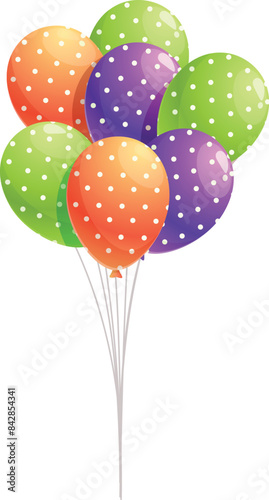 Bunch of colorful balloons with white polka dots is floating on a white background