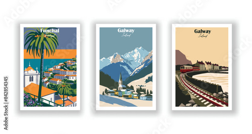 Funchal, Portugal, Galway, Ireland, Galway, Ireland - Vintage travel poster. Vector illustration. Poster Travel for Hikers Campers Living Room Decor