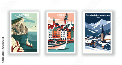 Garmisch-Partenkirchen, Germany, Gdansk, Poland, Gibraltar, British Overseas Territory - Vintage travel poster. Vector illustration. Poster Travel for Hikers Campers Living Room Decor
