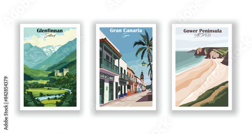 Glenfinnan, Scotland, Gower Peninsula, AONB, Gran Canaria, Spain - Vintage travel poster. Vector illustration. Poster Travel for Hikers Campers Living Room Decor