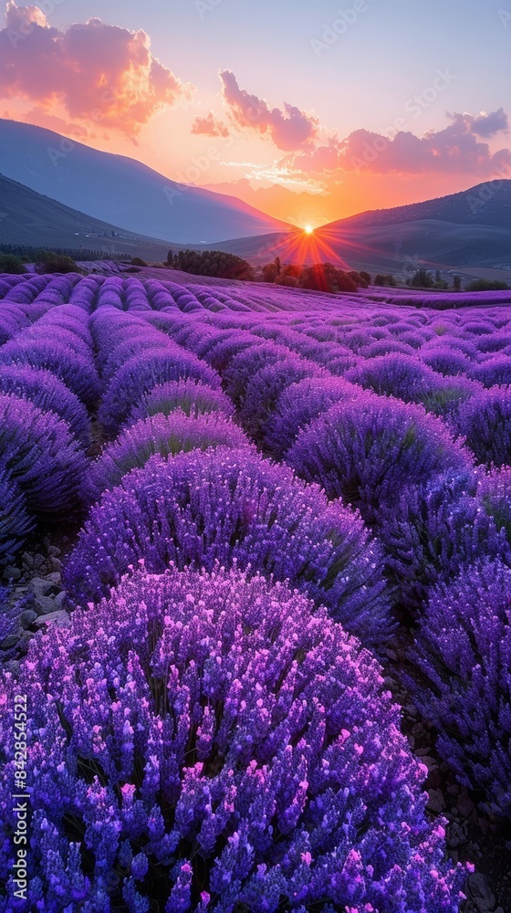 Fototapeta premium A field of lavender flowers with a beautiful sunset in the background. 