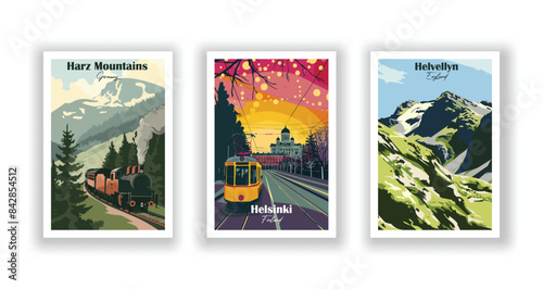 Harz Mountains, Germany, Helsinki, Finland,  Helvellyn, England - Vintage travel poster. Vector illustration. Poster Travel for Hikers Campers Living Room Decor